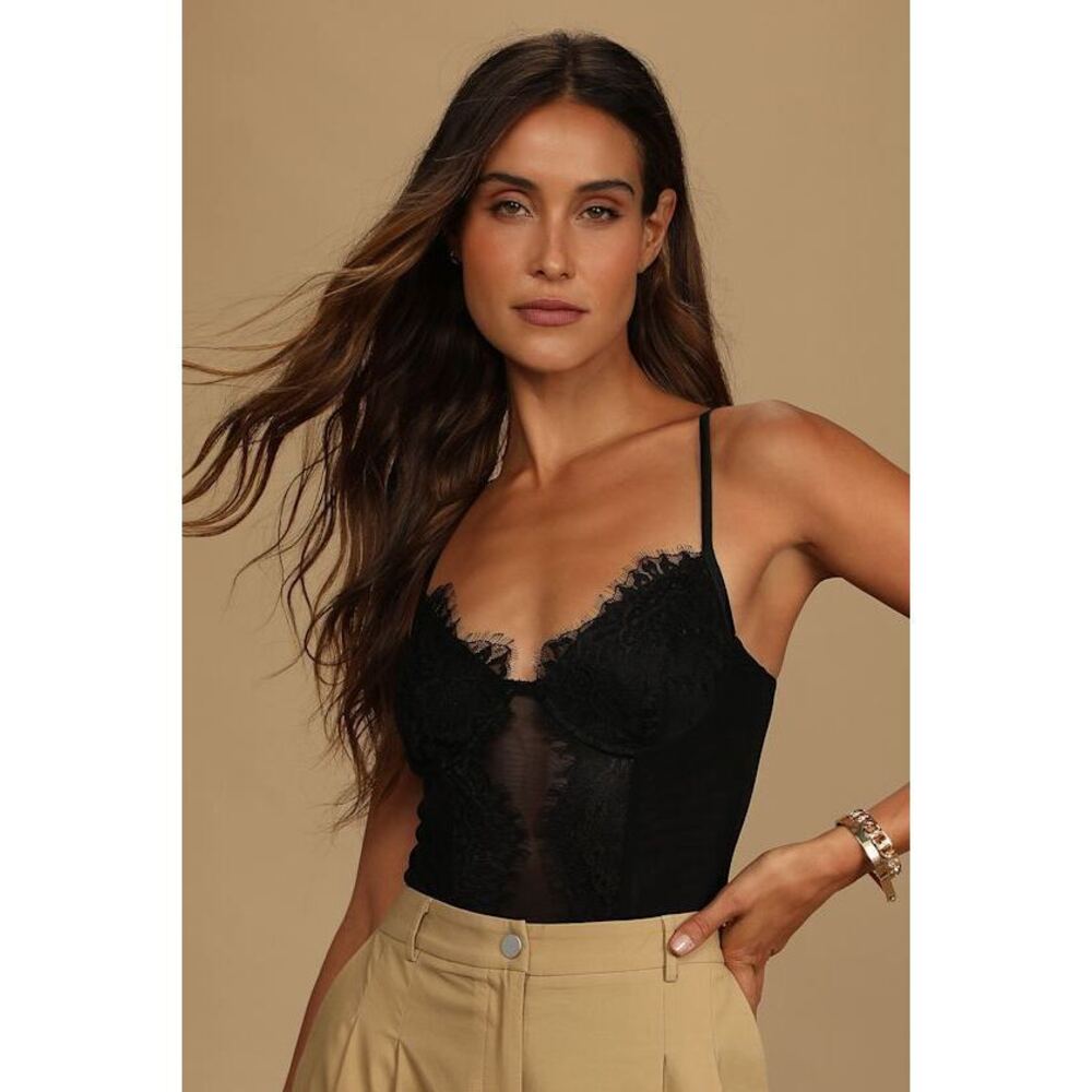 Lulus Draw You In Black Sleeveless Lace Bustier Bodysuit - Size L